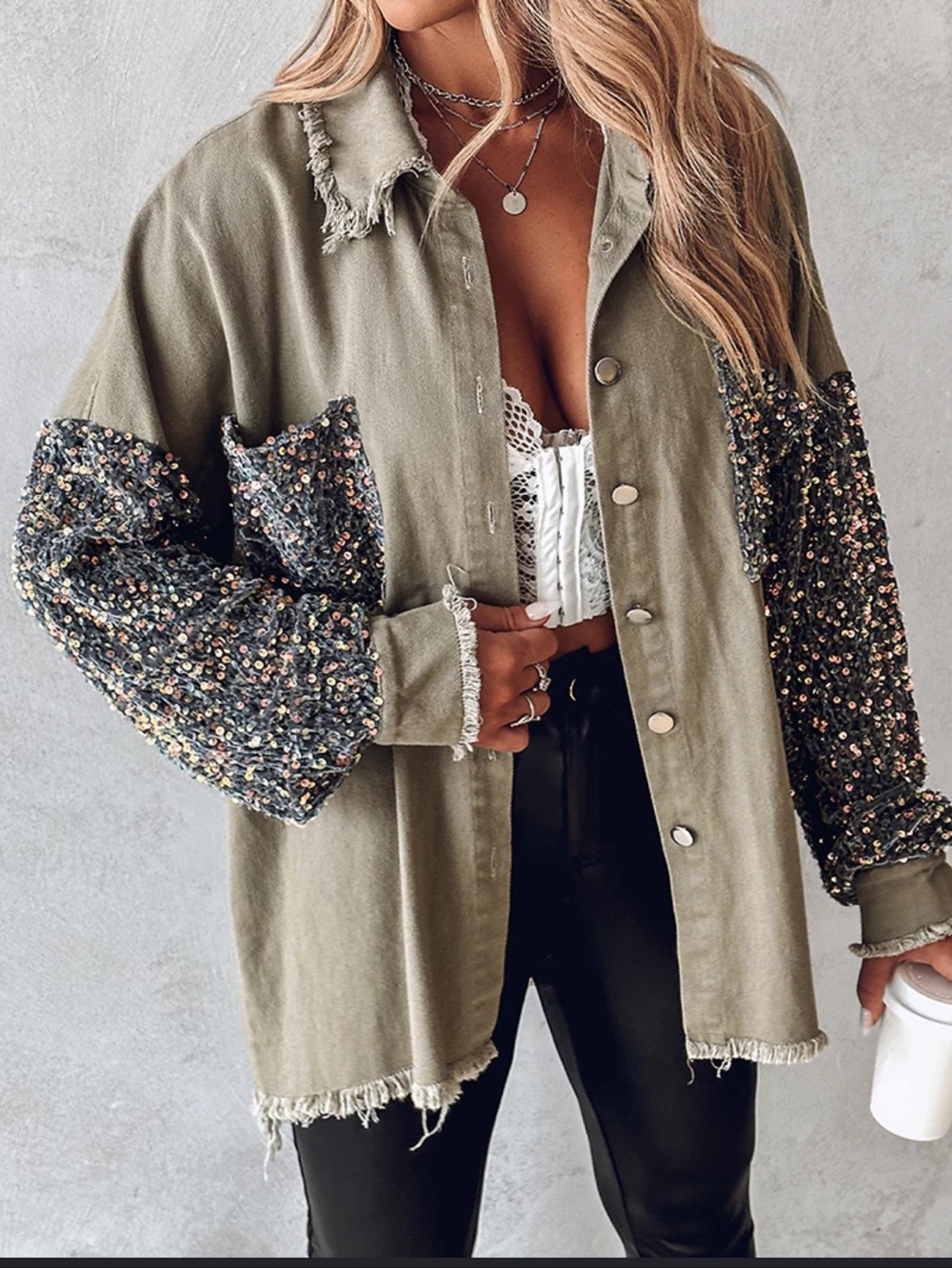 Olive Button-Down Shacket with Embellished Sleeves
